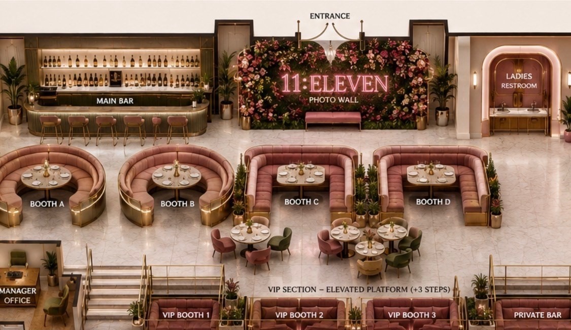 11:Eleven concept floor plan showing the Main Bar, Booths A through D, the VIP section, and the entrance photo wall